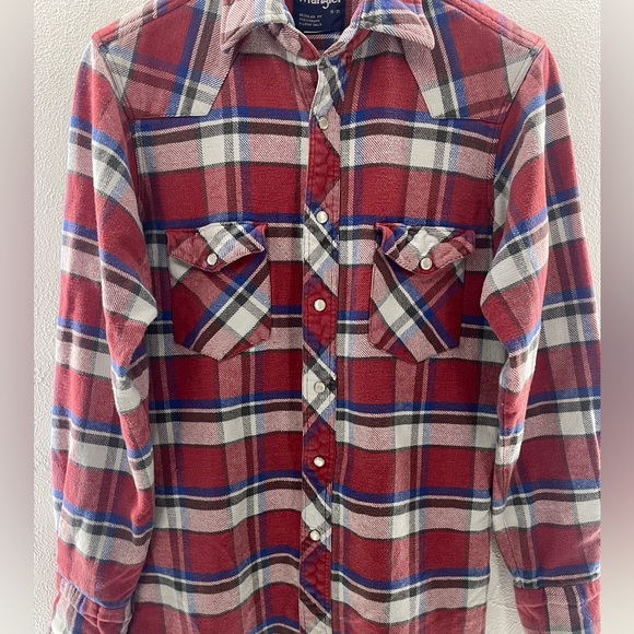 Vintage Wrangler Pearl Snap Red Blue Flannel Shirt Medium - Picture 2 of 4